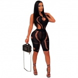 Black Sleeveless V-Neck Hollow-out Nets Women Bandage Rompers