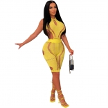 Yellow Sleeveless V-Neck Hollow-out Nets Women Bandage Rompers