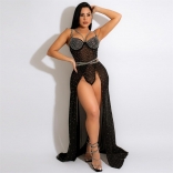Black Off-Shoulder V-Neck Mesh Rhinestone Women Fashion Maxi Dress