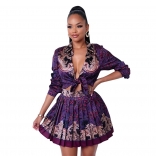 Purple Long Sleeve Printed V-Neck Fashion Sexy Skirt Dress