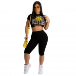 Black Short Sleeve Printed Hollow-out Sexy Pant Sets