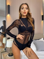 Black Long Sleeve Lace Diamond Sexy Rompers