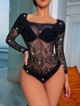 Black Long Sleeve Lace Diamond Sexy Women Romper Lingerie