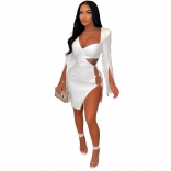 White White Long Sleeve Slit Hollow-out Sexy Clubwear