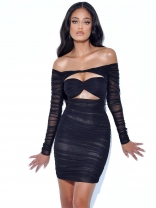 Black Long Sleeve Boat-Neck Mesh Lining Bodycon Mini Dress