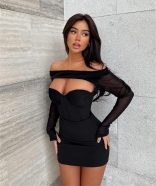 Black Mesh Long Sleeve Low-Cut Bodycon Mini Dress