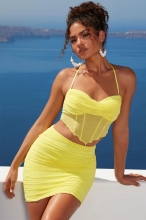 Yellow Sleeveless Halter Mesh 2PCS Women Bodycon Mini Dress