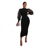 Black Mesh Long Sleeve Fashion Women Midi OL Dress