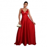 Red Halter V-Neck Backless Low-Cut Fashion Sexy Long Dress