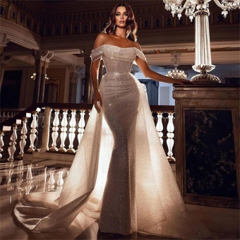 Silver Off-Shoulder Women Silk Mesh Fashion Long Dress