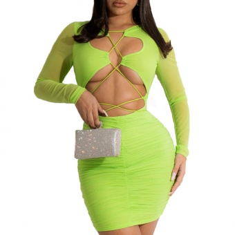 Green Long Sleeve Hollow-out Bandage Bodycon Mini Dress