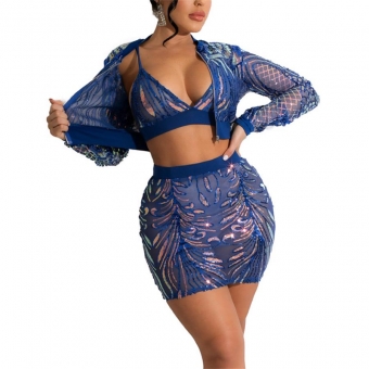 Blue Long Sleeve Mesh Sequin 3PCS Women Sexy Mini Dress