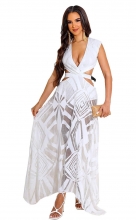 White Sleeveless Low-Cut V-Neck Mesh Fashion Maxi Evening Dress