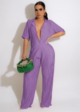 Purple Short Sleeve Deep V-Neck Fashion Women Pleated Jumpsuit