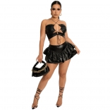 Black Sleeveless Deep V-Neck PU Leather Skirt Dress