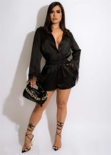 Black Long Sleeve Deep V-Neck Tassels Women Fashion Short Sets