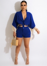 Blue Long Sleeve Tassels Women V-Neck Fashion Short Sets