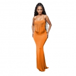 Orange Halter Low-Cut Tassels Boat-Neck Women Sexy Maxi Dress