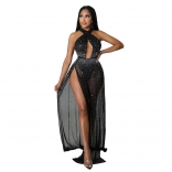 Black Sleeveless Halter V-Neck Rhinestone Mesh Fashion Maxi Dress