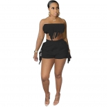 Black Off-Shoulder Boat-Neck Tassels Women Sexy Short Sets