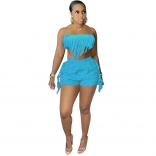 Blue Off-Shoulder Boat-Neck Tassels Women Sexy Short Sets