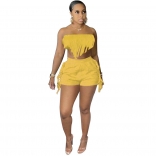 Yellow Off-Shoulder Boat-Neck Tassels Women Sexy Short Sets