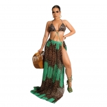 Green Sleeveless Halter Leopard Bikinis Printed Women Maxi Dress