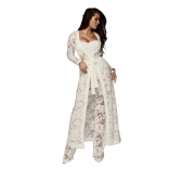 White Long Sleeve Lace 3PCS Underwear Hollow-out Women Catsuit Dress