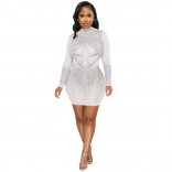 White Long Sleeve O-Neck Rhinestone Mesh Bodycon Mini Dress