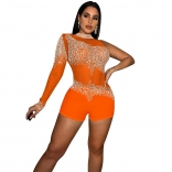 Orange One Sleeveless Mesh Rhinestone Back Zipper Sexy Rompers