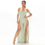 Green Off-Shoulder Boat-Neck Slit Women Sexy Jumpsuit Dress