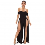 Black Off-Shoulder Boat-Neck Slit Women Sexy Jumpsuit Dress