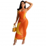 Orange Sleeveless Halter Mesh Sexy Bodycon Club Mini Dress