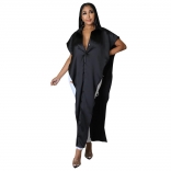 Black Short Sleeve V-Neck Women Fashion Shawl Blouse