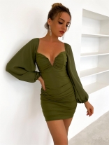 Green Mesh Long Sleeve Low-Cut V-Neck Bodycon Mini Dress