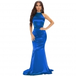 Blue Sleeveless O-Neck Fashion Women Evening Party Long Dress