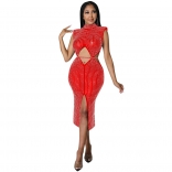 Red Sleeveless O-Neck Rhinestone Hollow-out Mesh Sexy Midi Dress