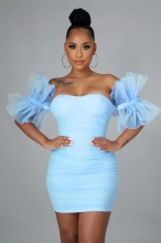 Blue Off-Shoulder Foral Sleeve Mesh Bodycons Mini Dress