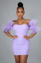 Purple Off-Shoulder Foral Sleeve Mesh Bodycons Mini Dress