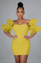 Yellow Off-Shoulder Foral Sleeve Mesh Bodycons Mini Dress