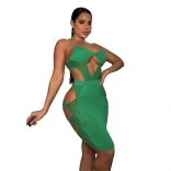 Green Halter Low-Cut Mesh Hollow-out Bodycon Party Dress