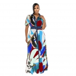Blue Short Sleeve V-Neck Button Printed Fashion Jersey Maxi Dres