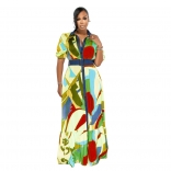 Yellow Short Sleeve V-Neck Button Printed Fashion Jersey Maxi Dres