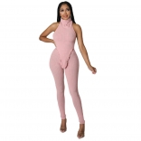 Pink O-Neck Cotton Backless Bodycon Women Sexy Jumpsuit