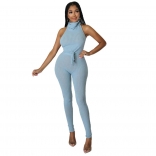 Blue O-Neck Cotton Backless Bodycon Women Sexy Jumpsuit