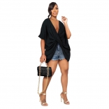 Black Sleeveless Deep V-Neck Pleated Fashion Women T-Skirt