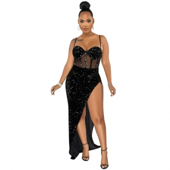 Black Halter Low-Cut Mesh Bodycon Sequin Fashion Maxi Dress