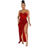 Red Halter Low-Cut Mesh Bodycon Sequin Fashion Maxi Dress