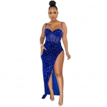 Blue Halter Low-Cut Mesh Bodycon Sequin Fashion Maxi Dress