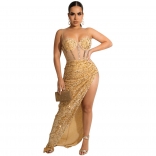 Golden Halter Low-Cut Mesh Bodycon Sequin Fashion Maxi Dress